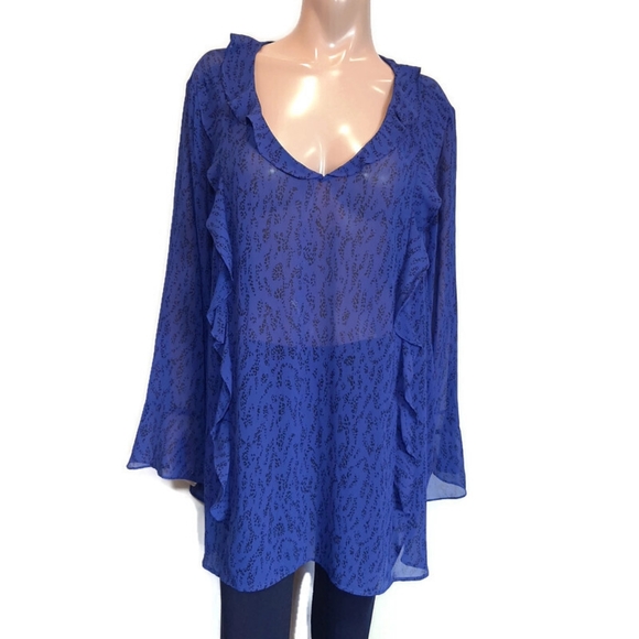 🍁 PENNINGTONS Sheer Ruffled Long Bell Sleeve Blouse Printed V-neck Tunic Top